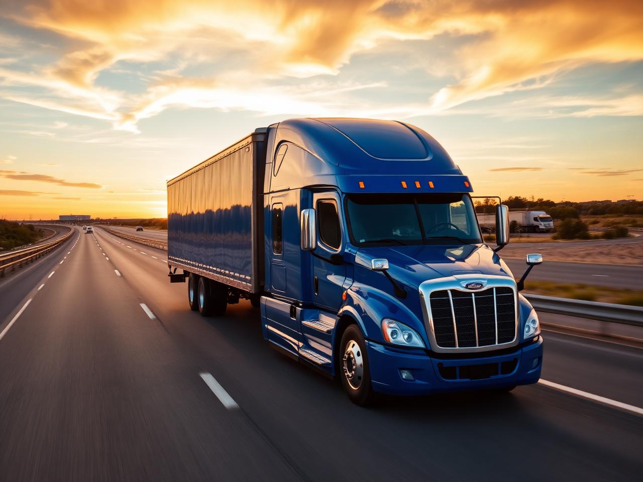 Modern blue semi-truck driving on an open American highway at sunset